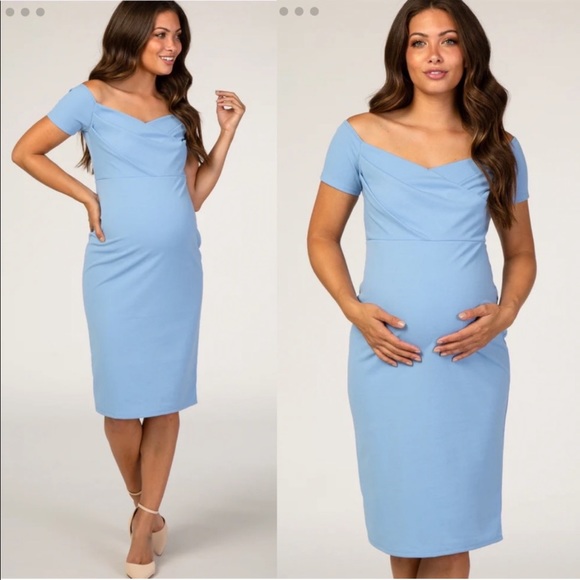 PinkBlush Light Blue Sweetheart Neckline Off Shoulder Maternity Fitted Dress - Picture 11 of 11